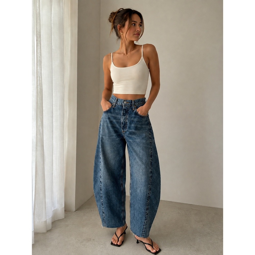 AGOLDE Luna Barrel Tapered Jeans 28 Blue Denim High Rise Curved Leg Raw Hem